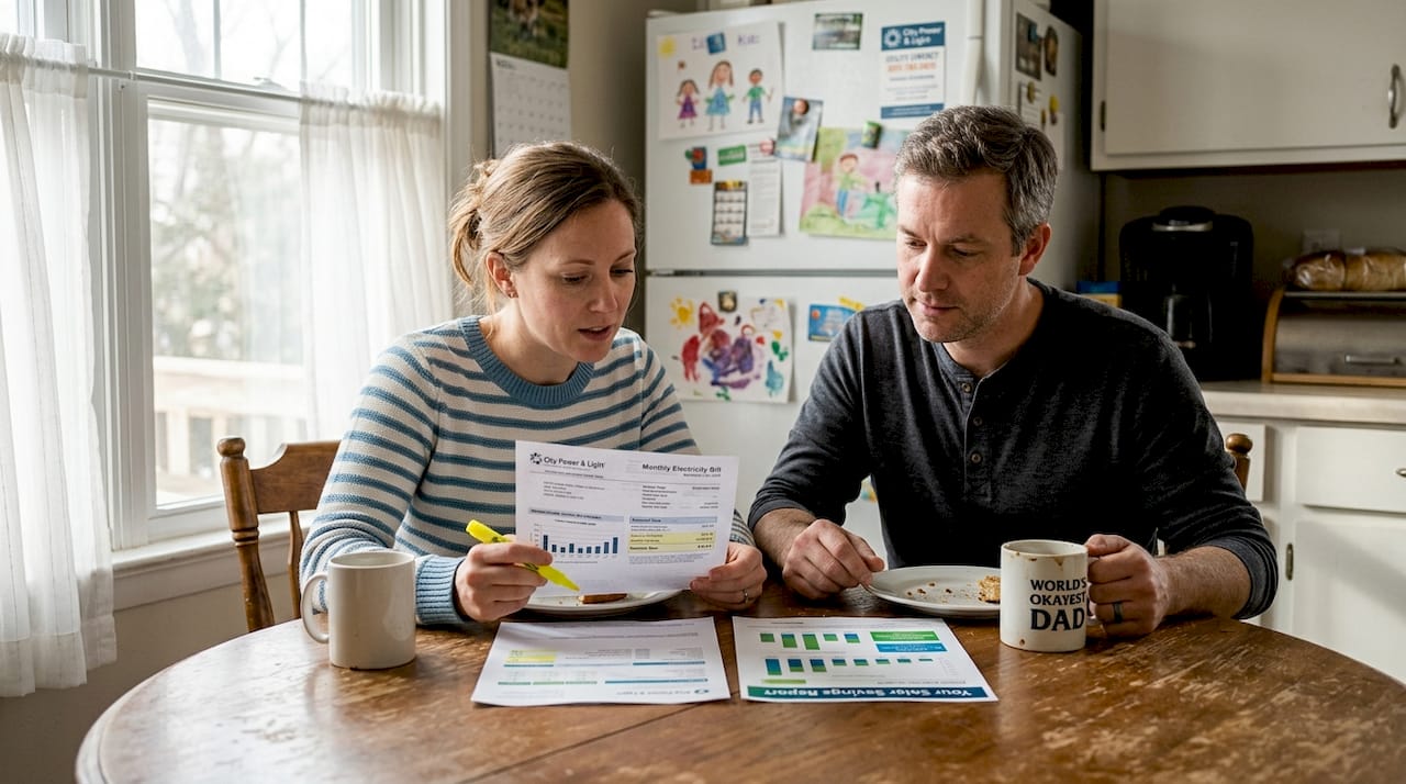 Family discussing energy bill and solar savings