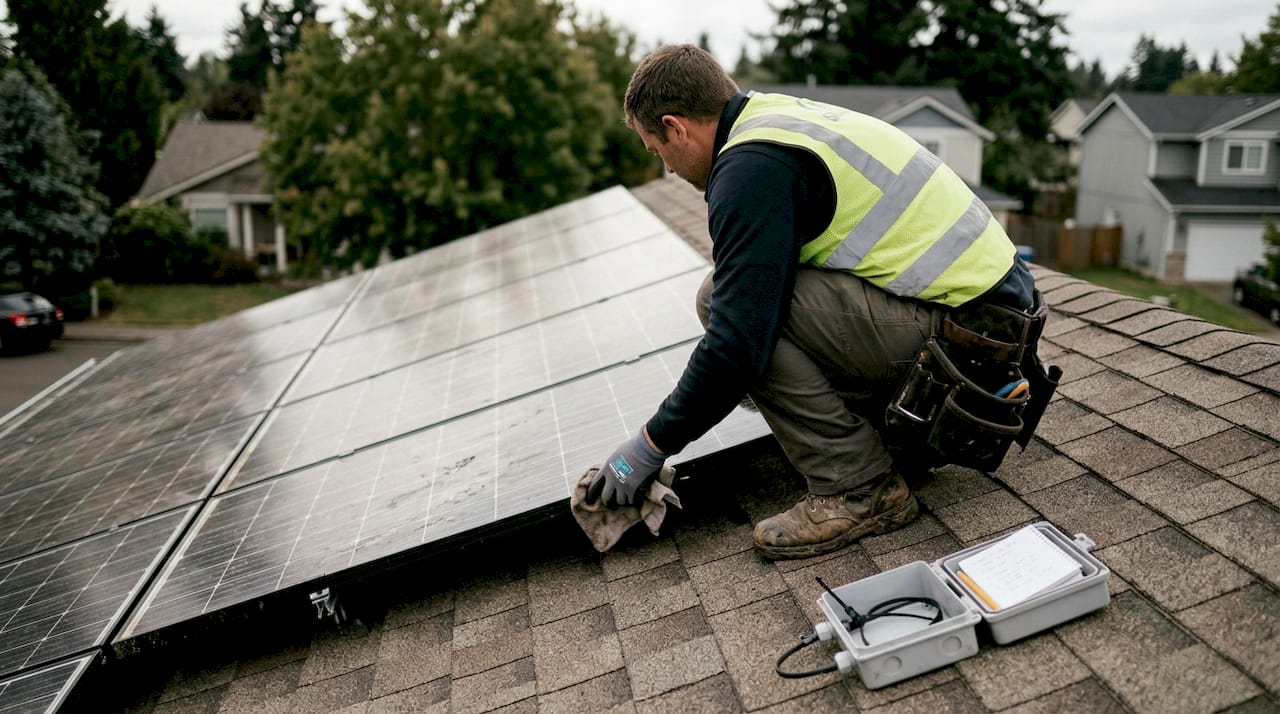 Technician cleaning residential solar panels