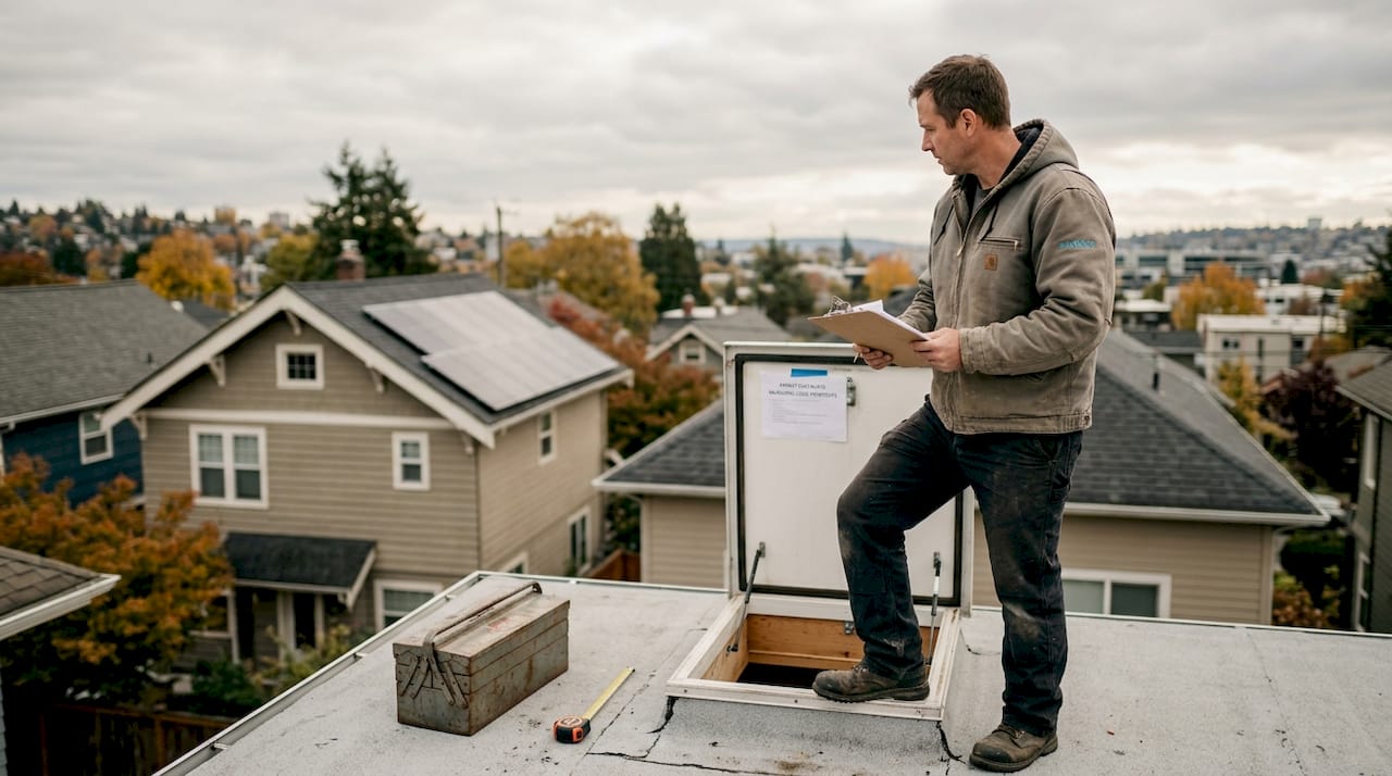 Solar installer checking municipal permit documents