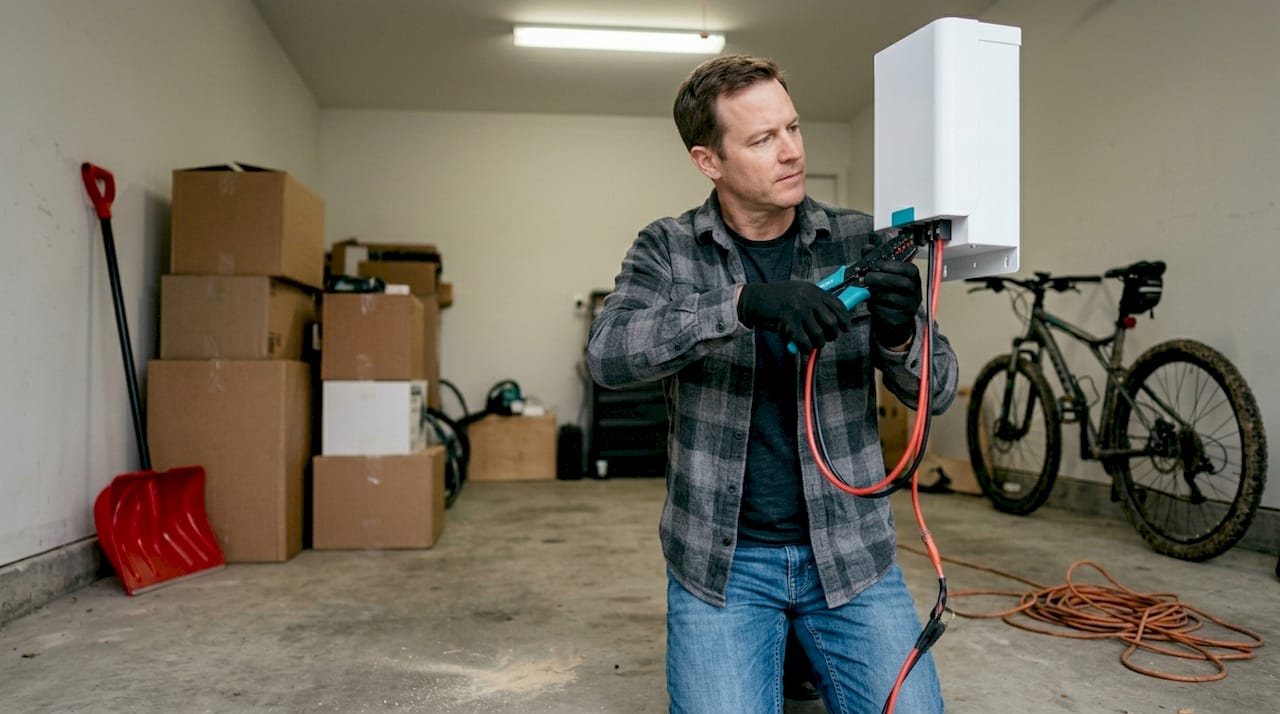 Electrician installs home battery backup in garage
