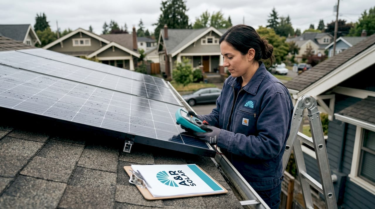 Technician measuring solar panel efficiency