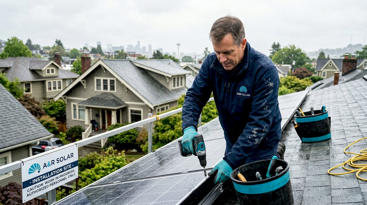 Technician installing solar panels on wet Seattle rooftop