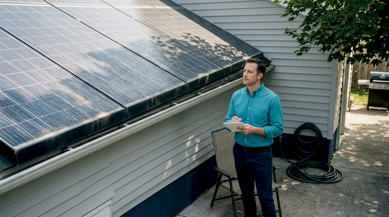 Homeowner checks solar panels for shading issues