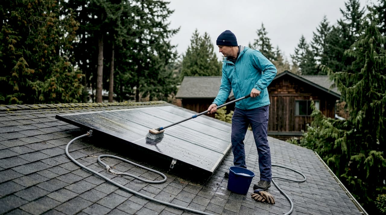 Homeowner cleaning solar panels on roof