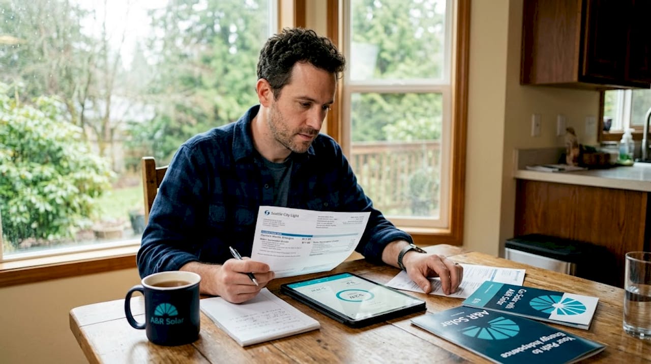 Homeowner checks energy bill at kitchen table