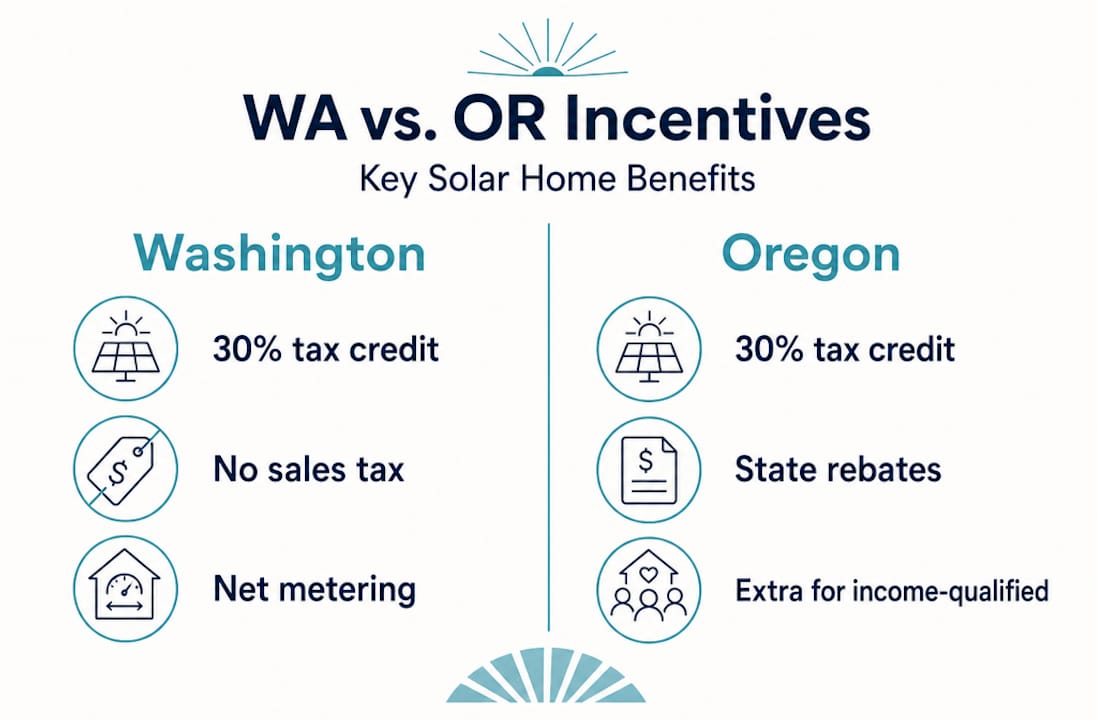 Side-by-side infographic comparing solar incentives in WA and OR