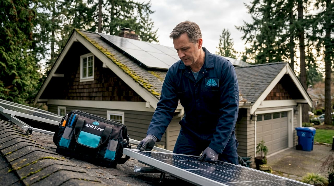 Technician installing solar panels on Craftsman house