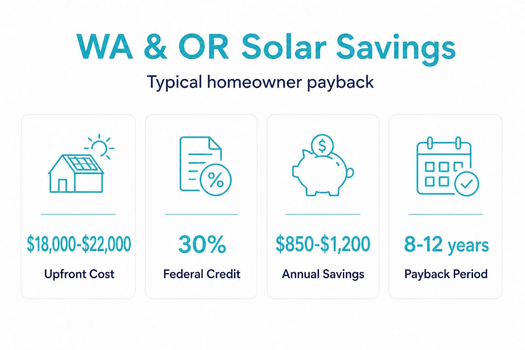 Infographic with solar upfront cost, federal credit, annual savings, payback period