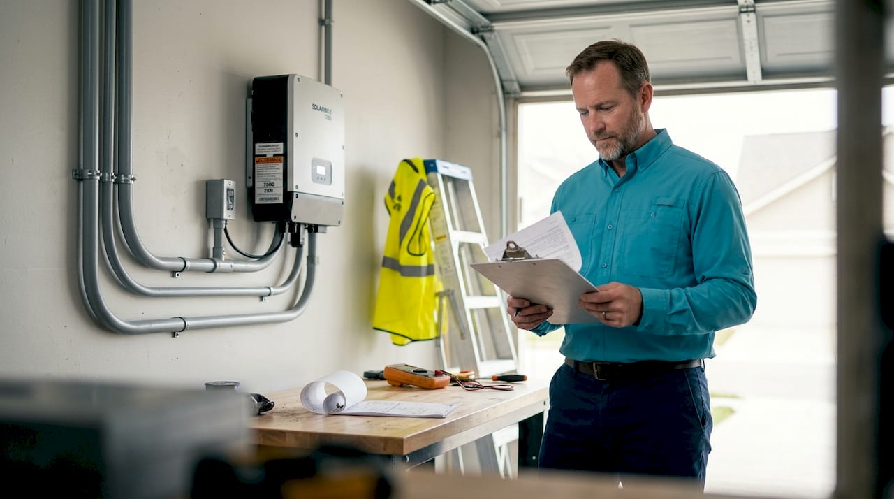 Homeowner checks solar install in garage with clipboard
