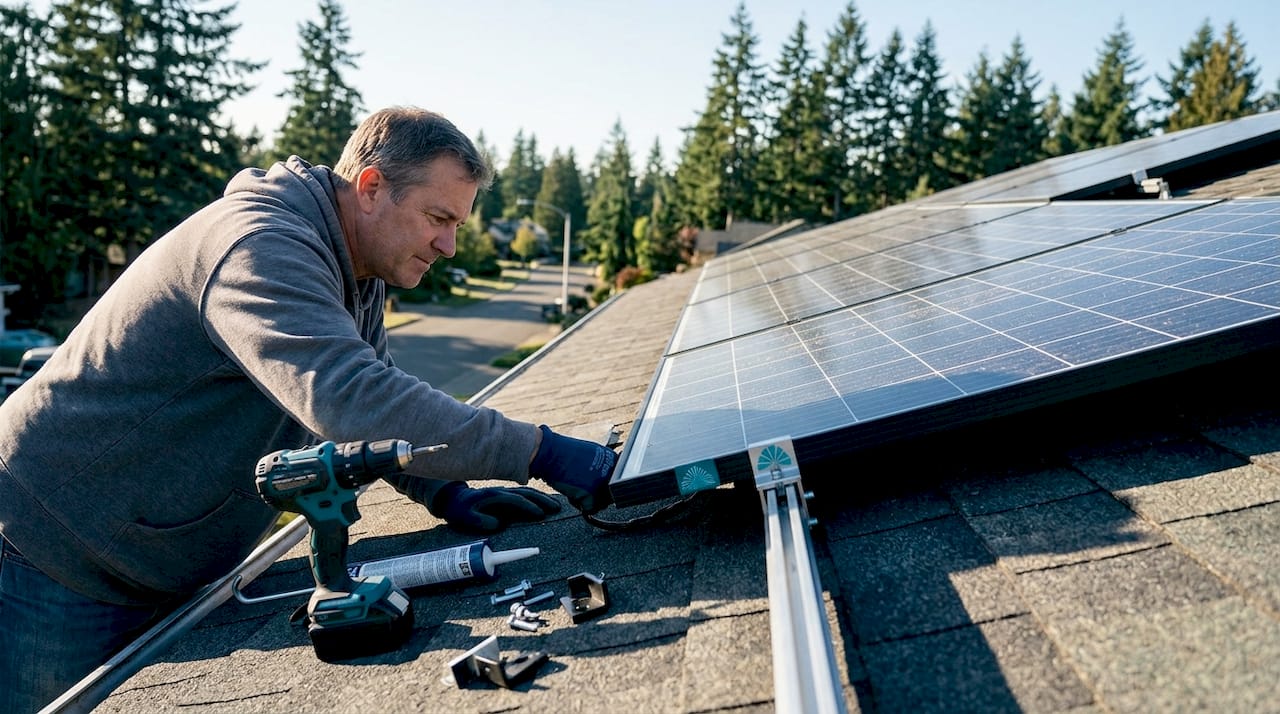 Homeowner inspecting roof solar panels on house