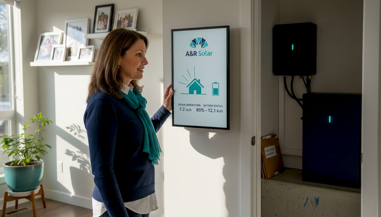 Homeowner checks solar battery display
