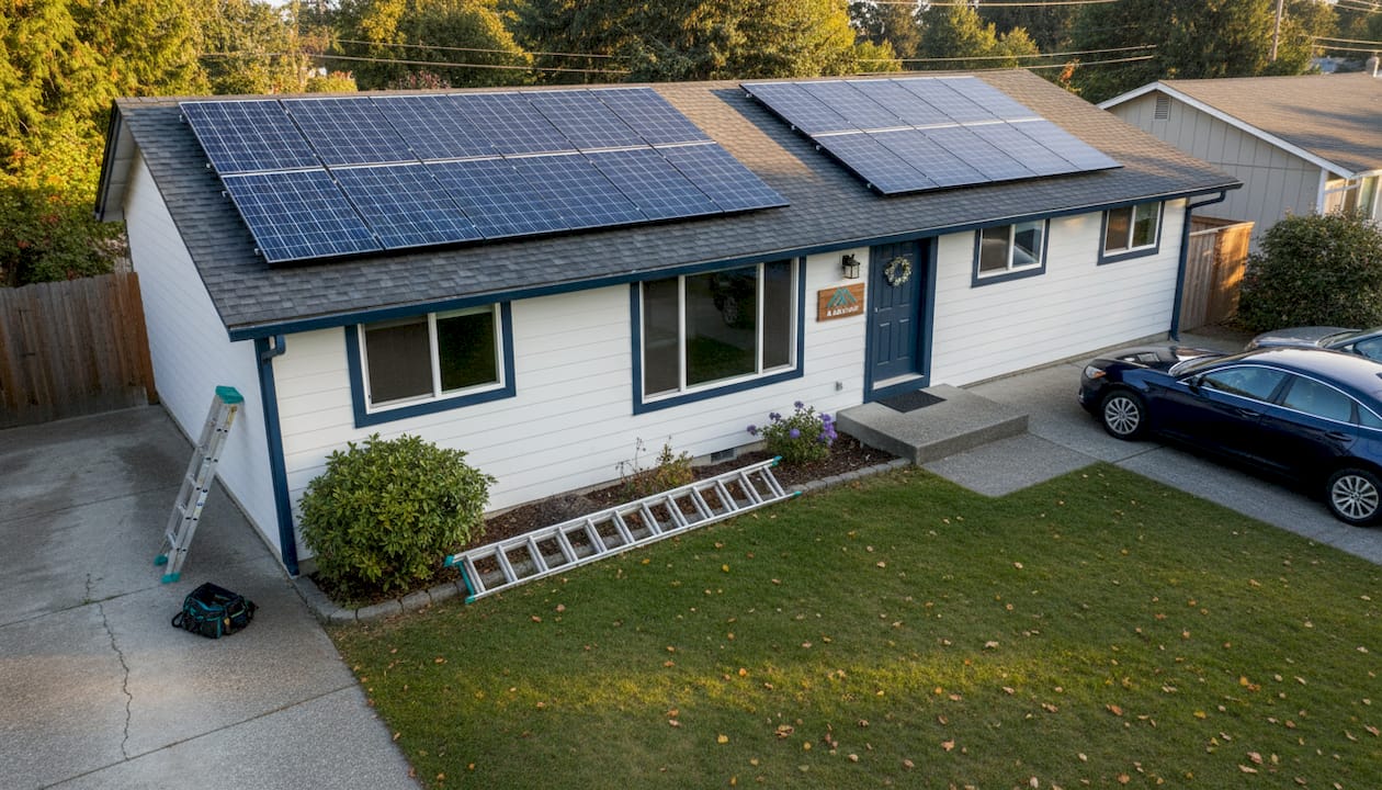 Solar panels on home roof in afternoon light
