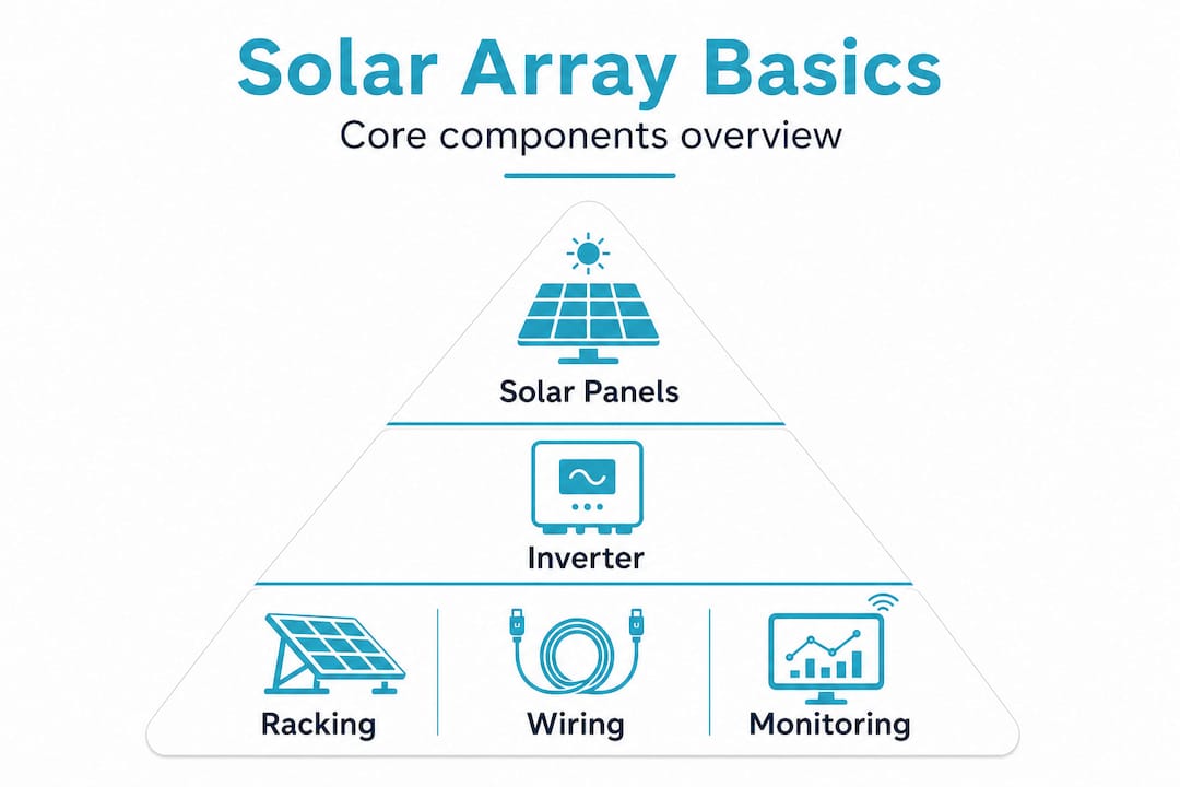 Infographic illustrating solar array core components hierarchy