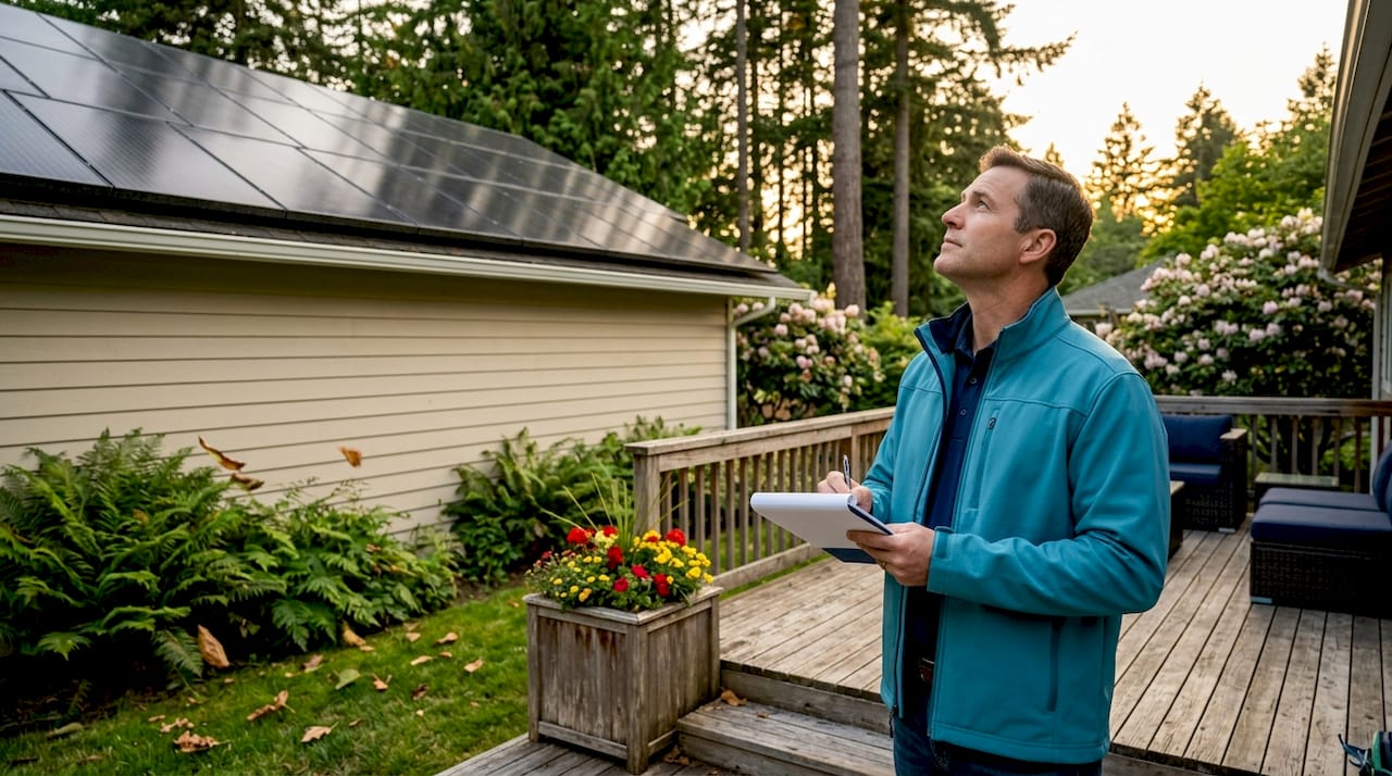 Homeowner inspecting rooftop solar panels from backyard