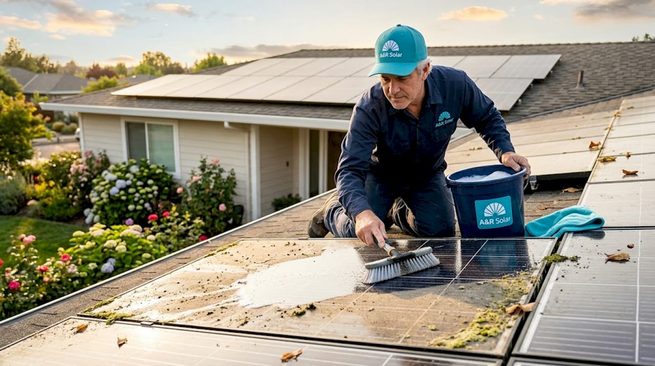 Homeowner cleaning solar panels on roof