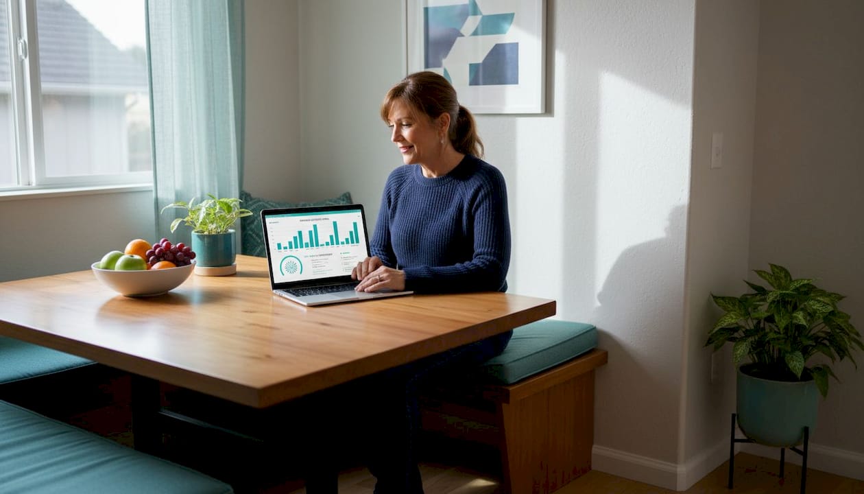 Homeowner at kitchen table viewing solar dashboard
