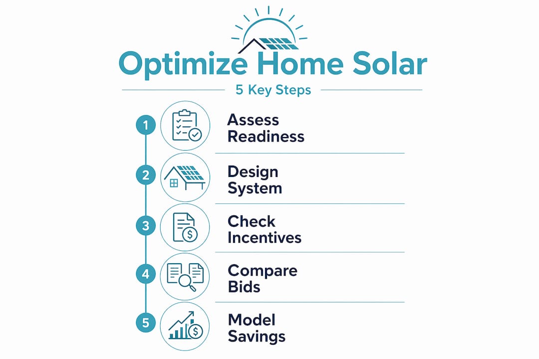 Infographic showing five steps to optimize home solar