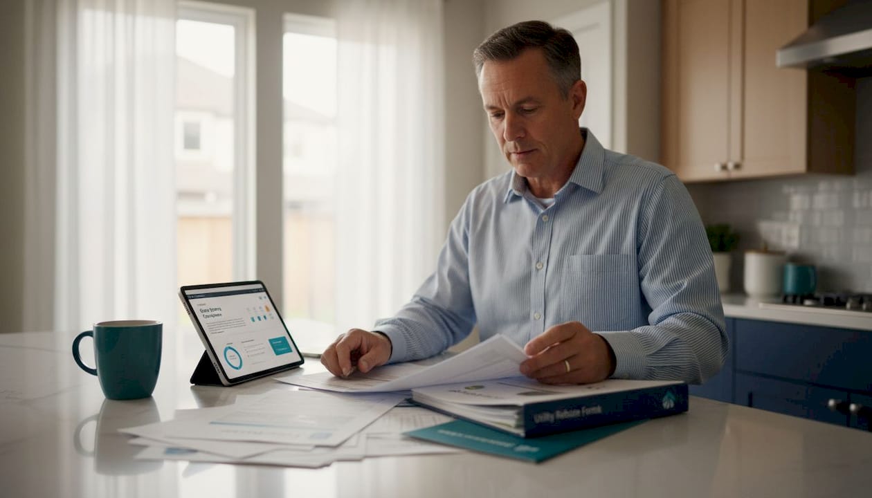 Homeowner reviews solar incentive paperwork at dining table