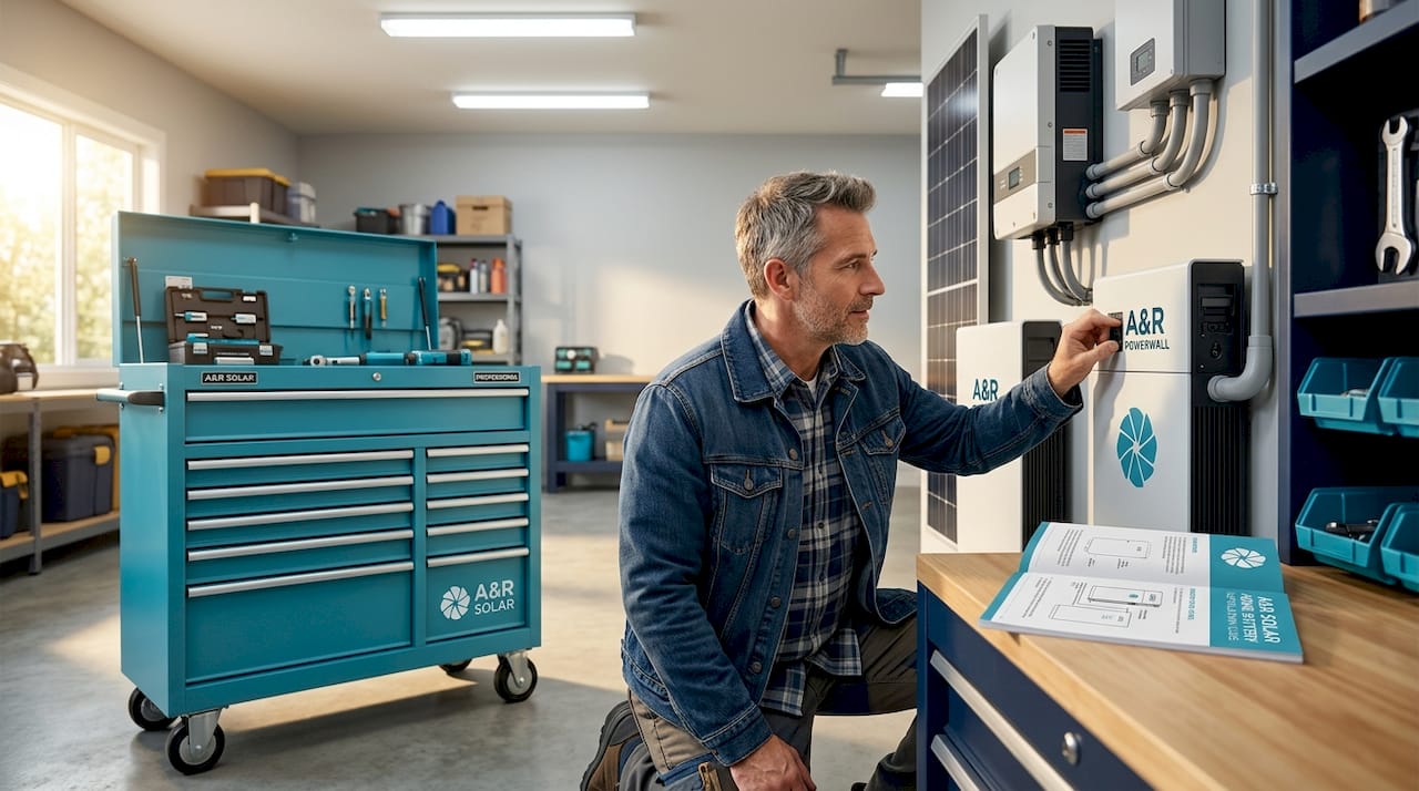 Homeowner inspecting solar battery unit in basement