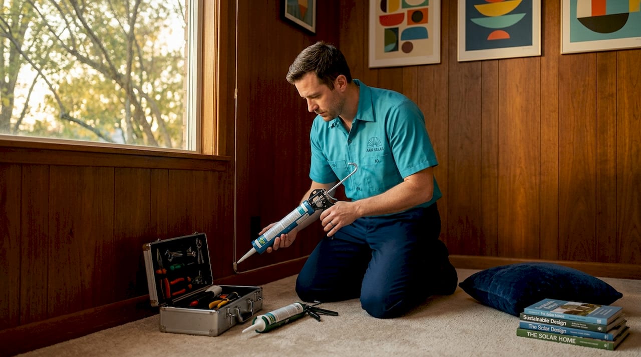 Homeowner sealing baseboard to reduce drafts