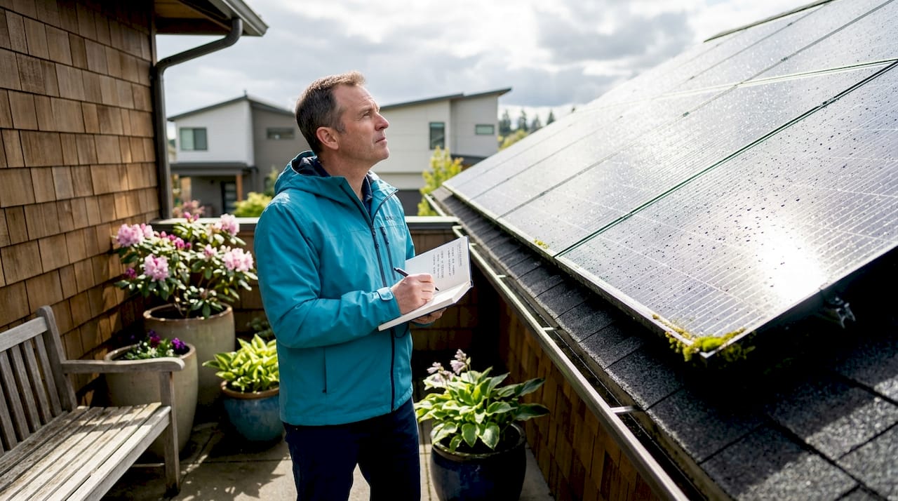 Homeowner checks solar panels on cloudy morning