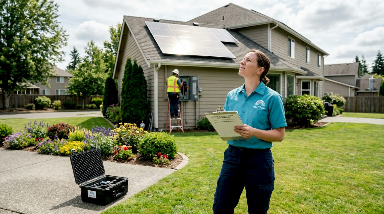 Solar contractor reviews permit paperwork outside home