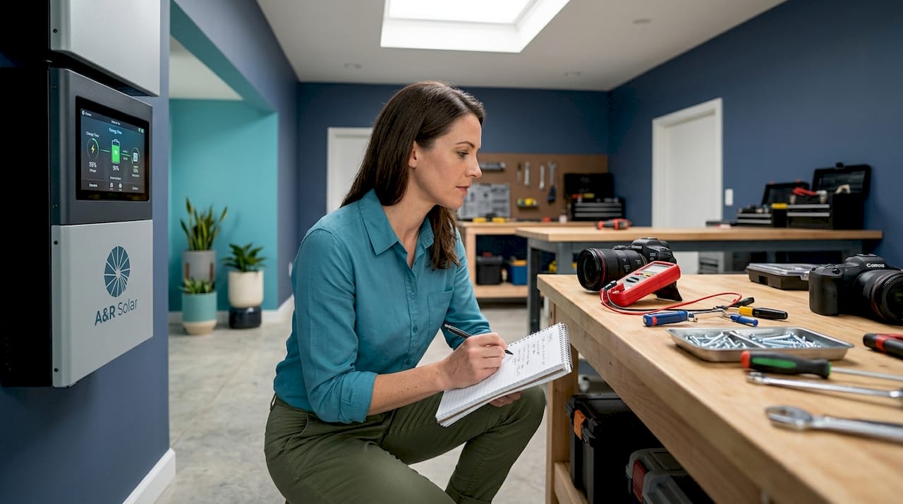 Homeowner inspects wall-mounted solar battery