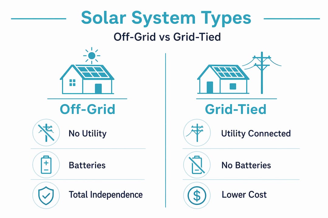 Infographic comparing off-grid and grid-tied systems