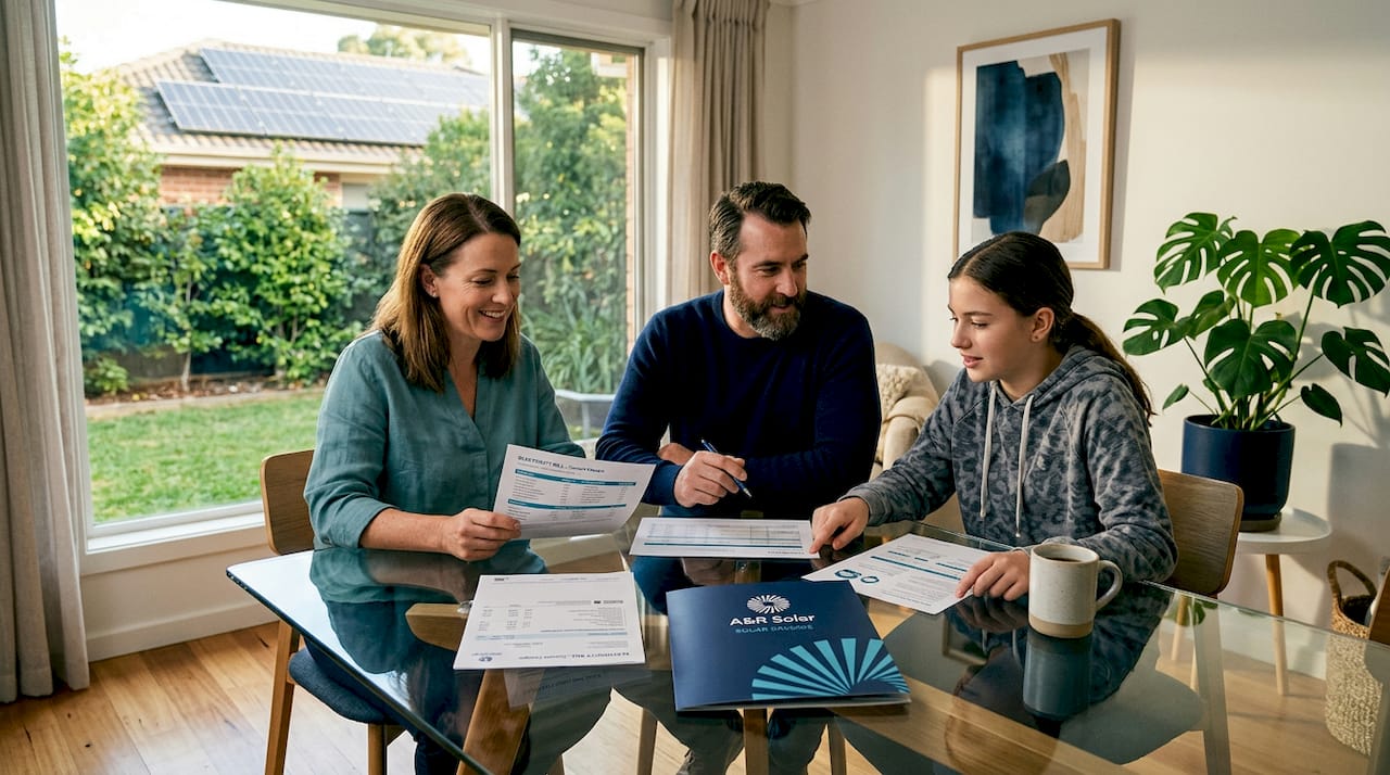 Family reviews solar bill at kitchen table