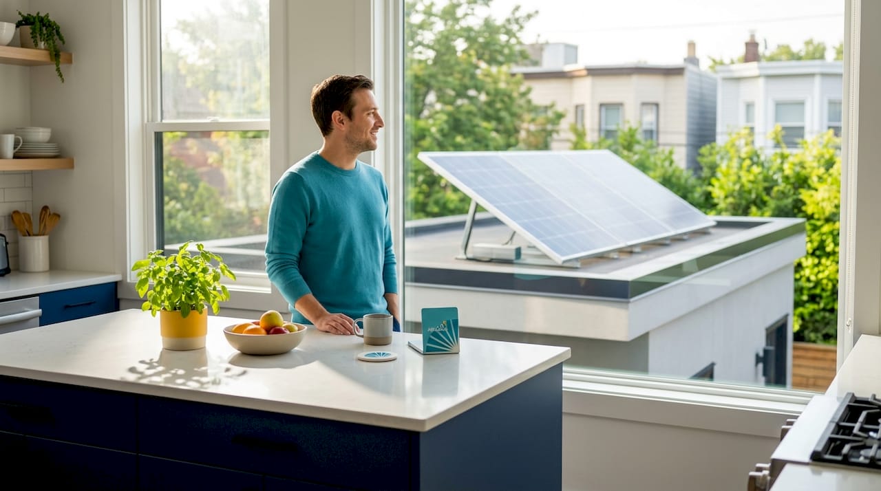 Homeowner viewing rooftop solar panels from window