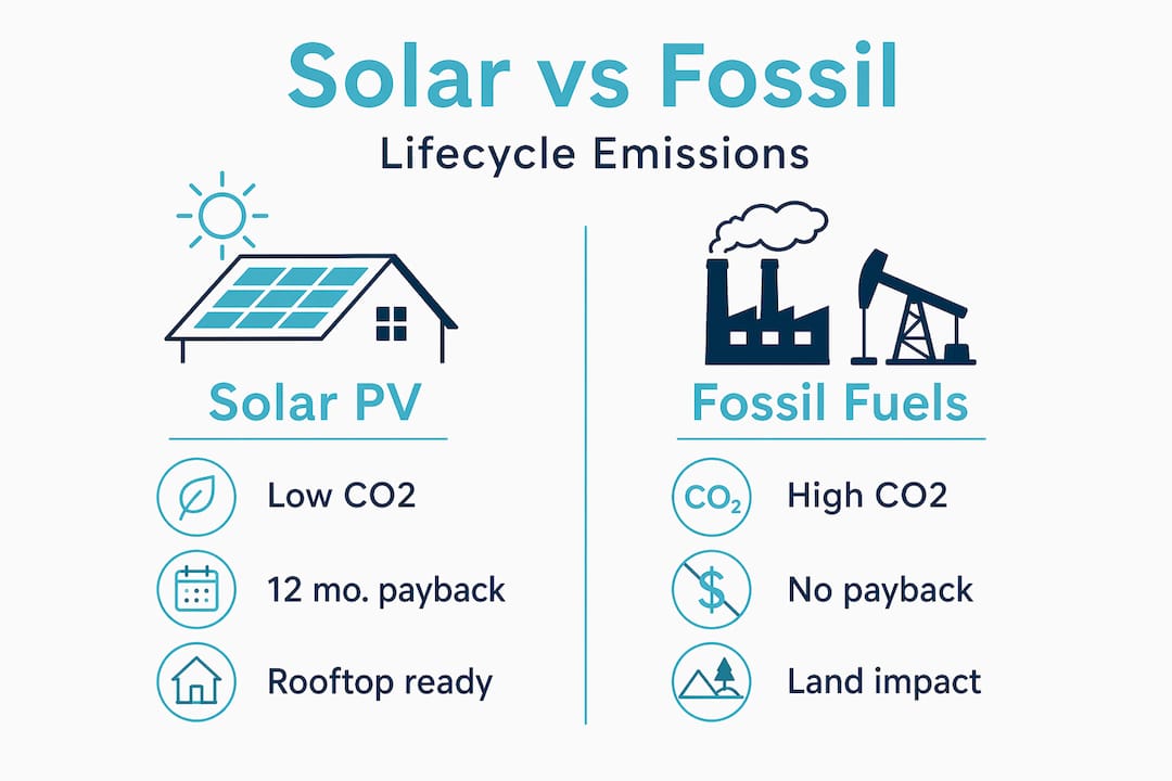 Infographic comparing solar and fossil lifecycle emissions