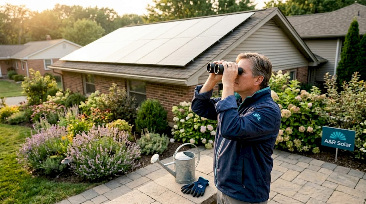 Homeowner inspects rooftop solar panels from driveway