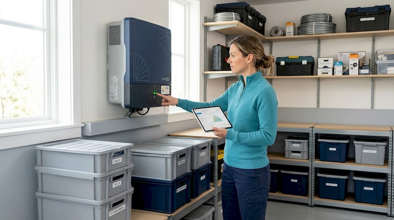 Homeowner inspecting solar inverter device