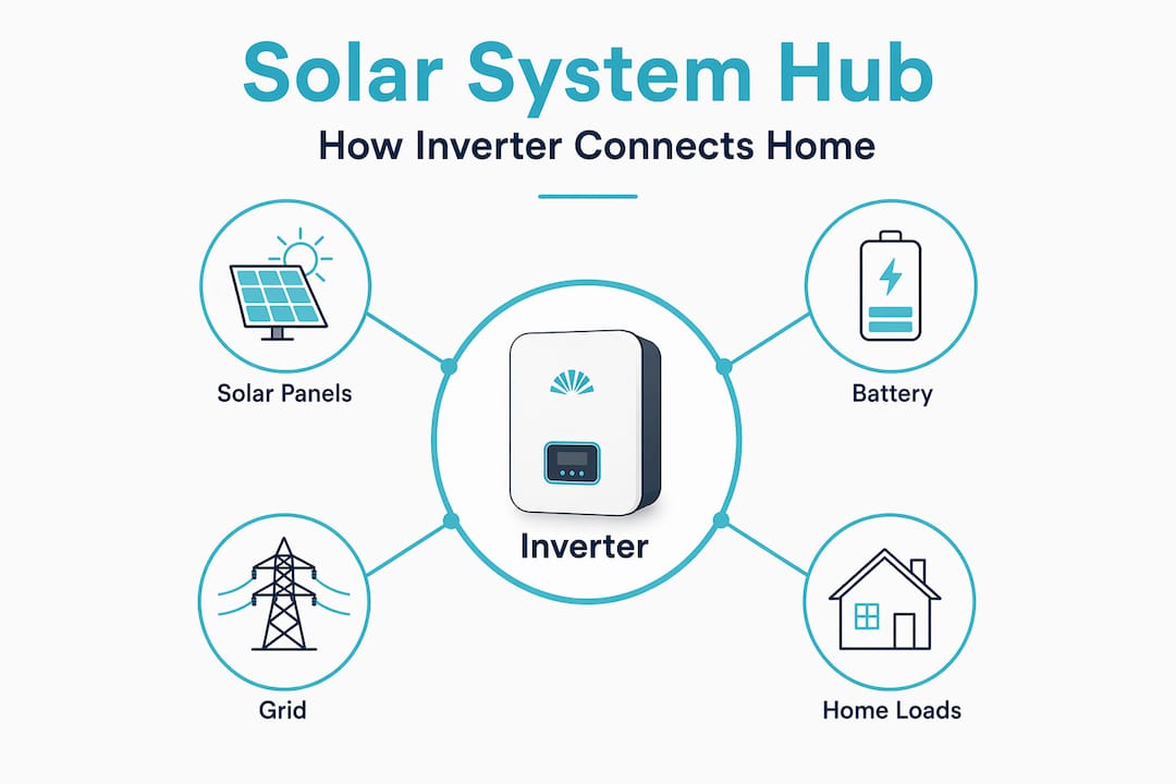 Infographic illustrating inverter at center of home energy