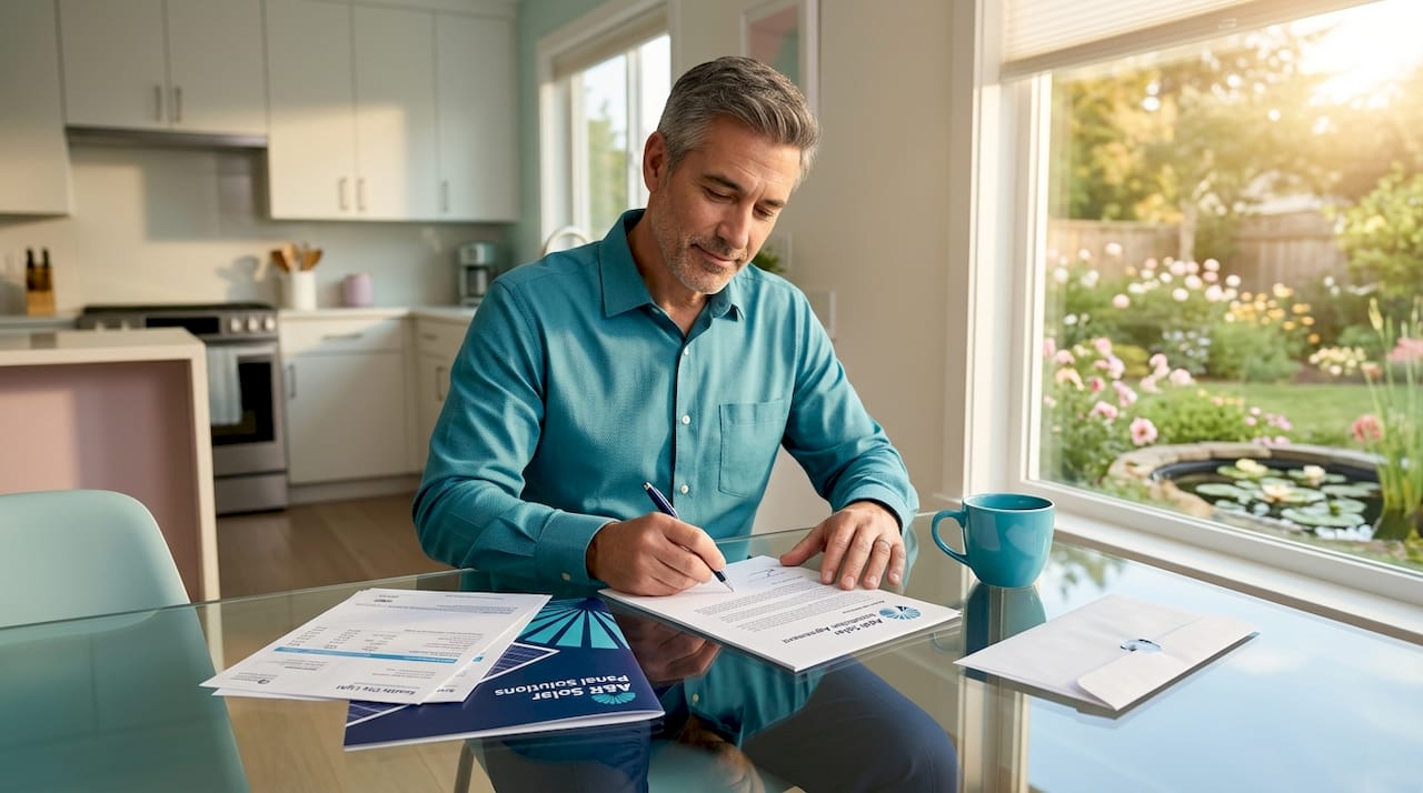 Homeowner signing solar contract at kitchen table
