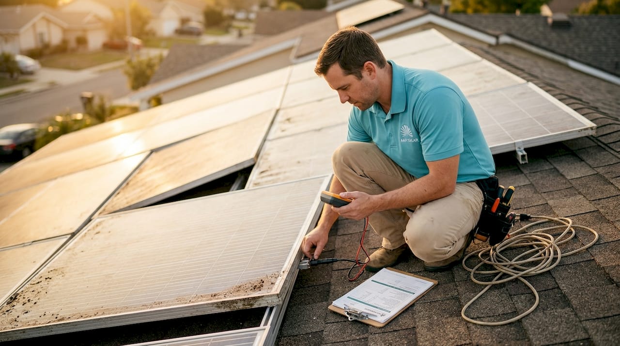 Technician inspects rooftop solar panels for maintenance