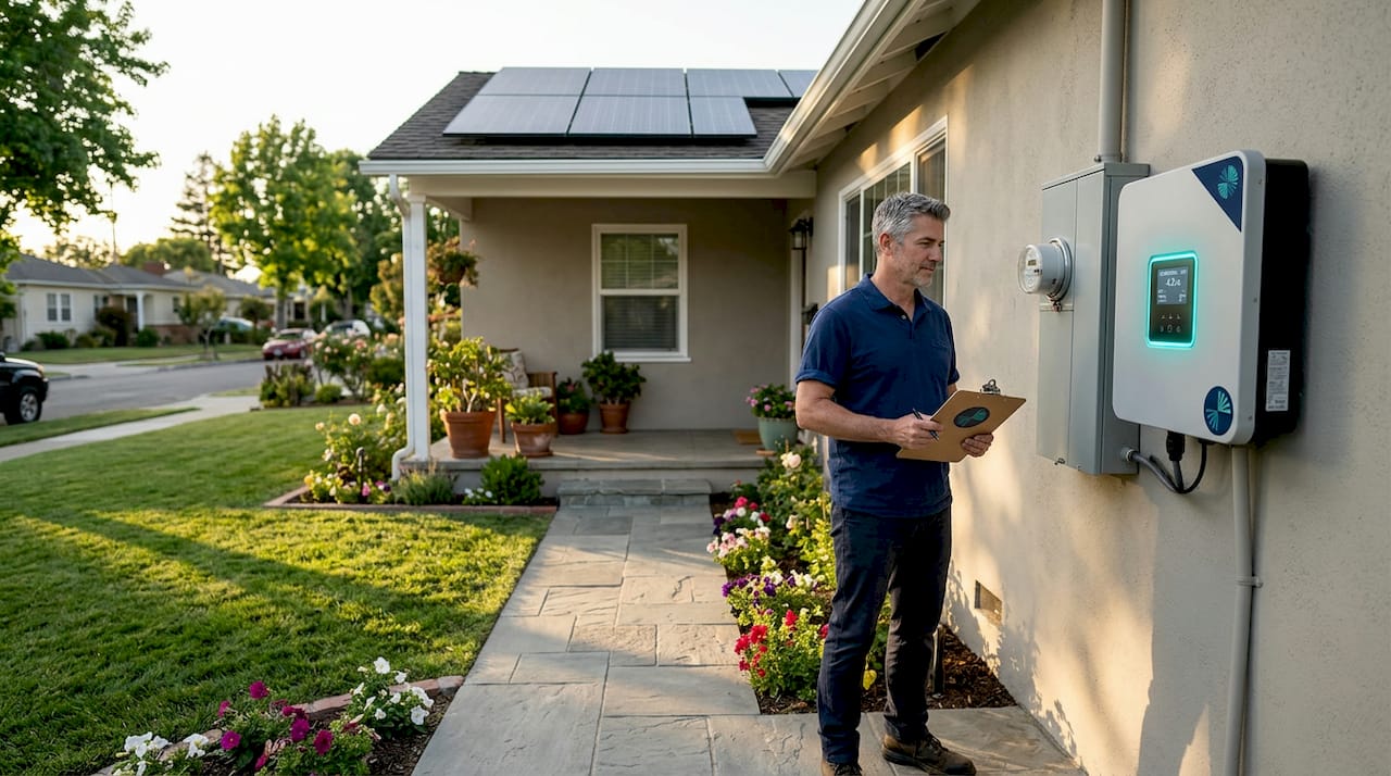 Homeowner inspecting solar panel inverter outdoors