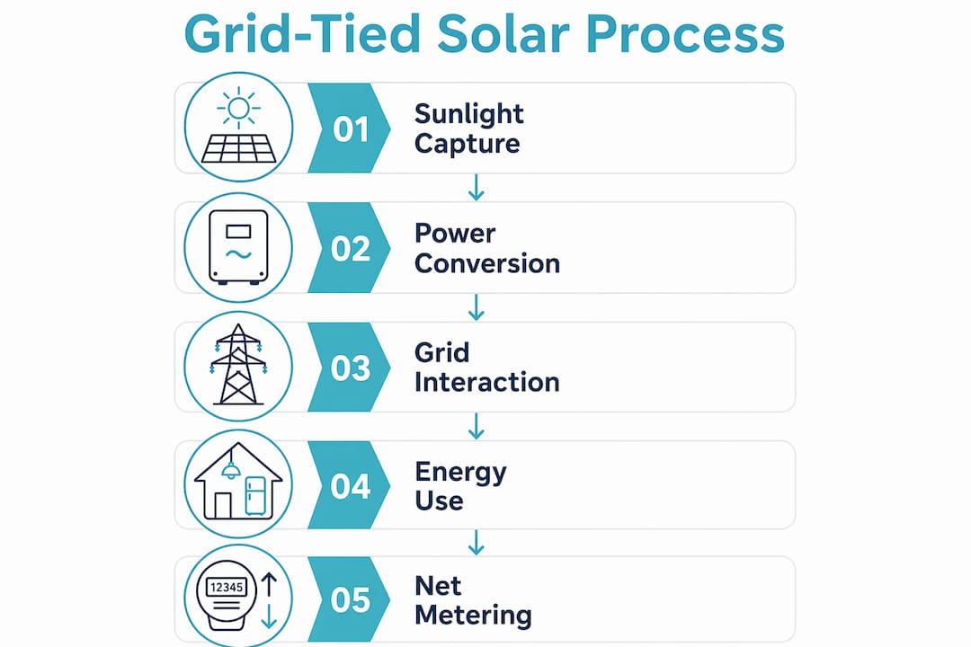 Infographic illustrating grid-tied solar system process flow