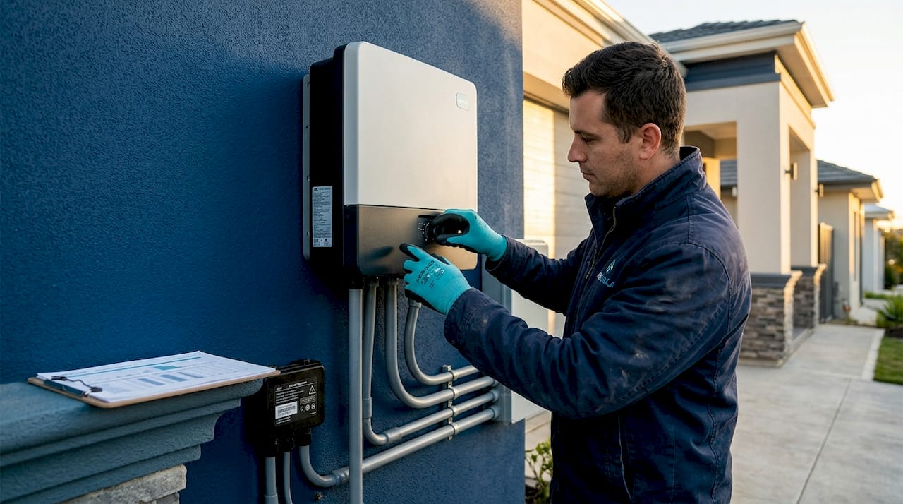 Technician working on solar inverter outdoors
