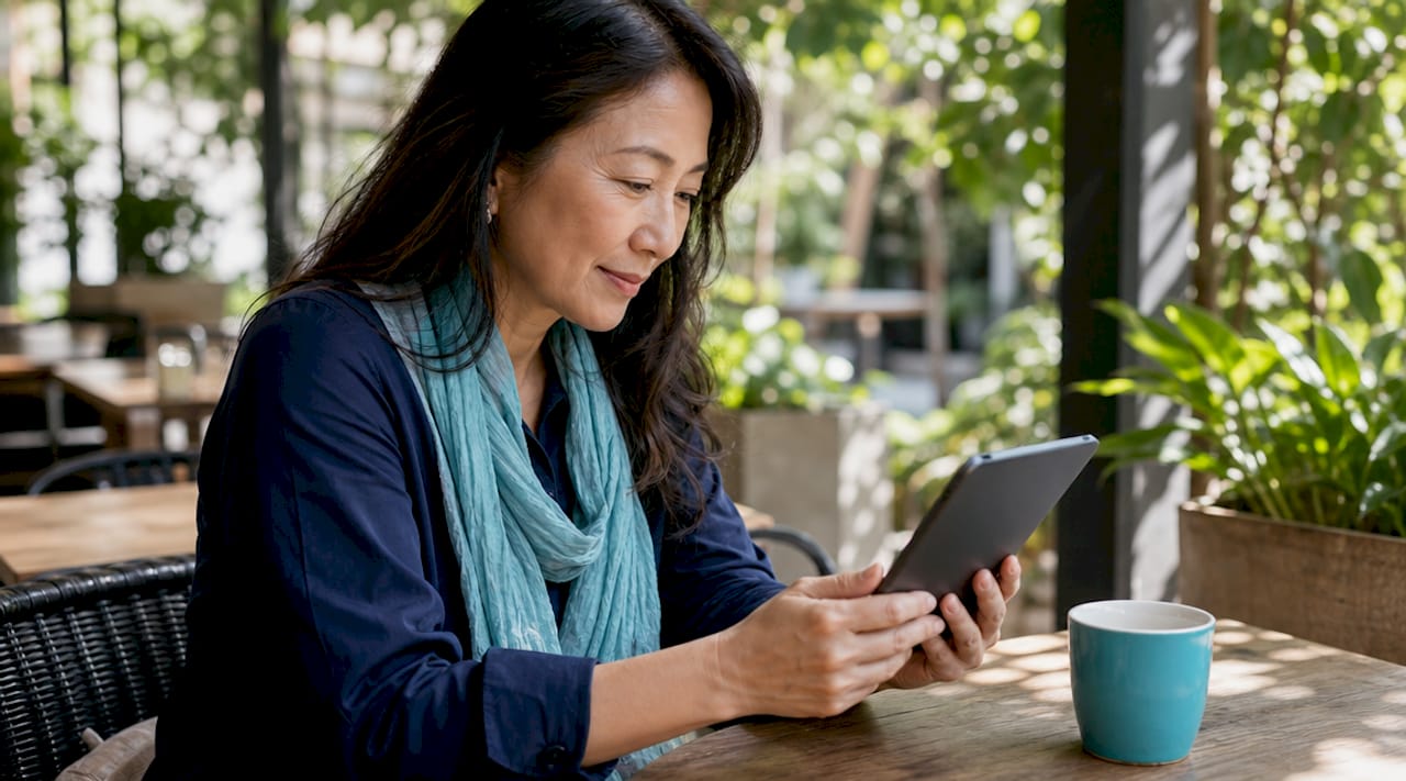 Woman checking home battery on tablet
