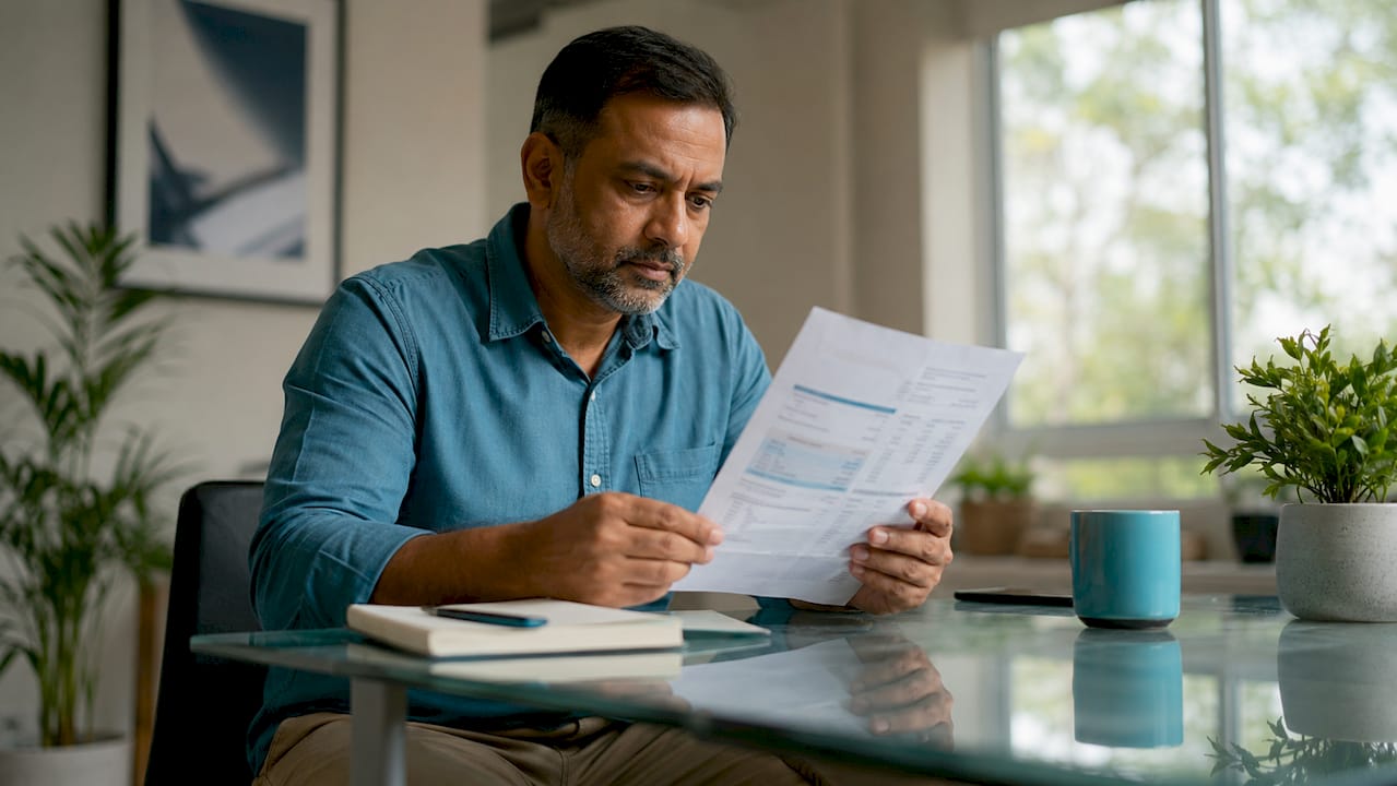 Man reviewing solar energy bill at home