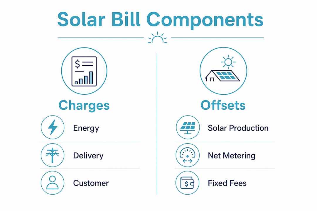 Infographic showing solar bill components and offsets