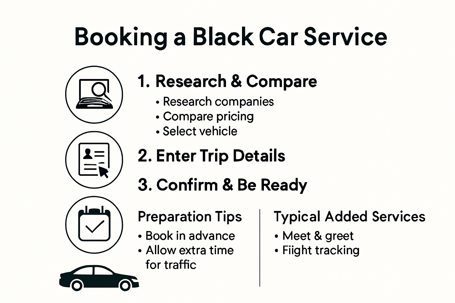 Infographic showing black car service booking steps and options