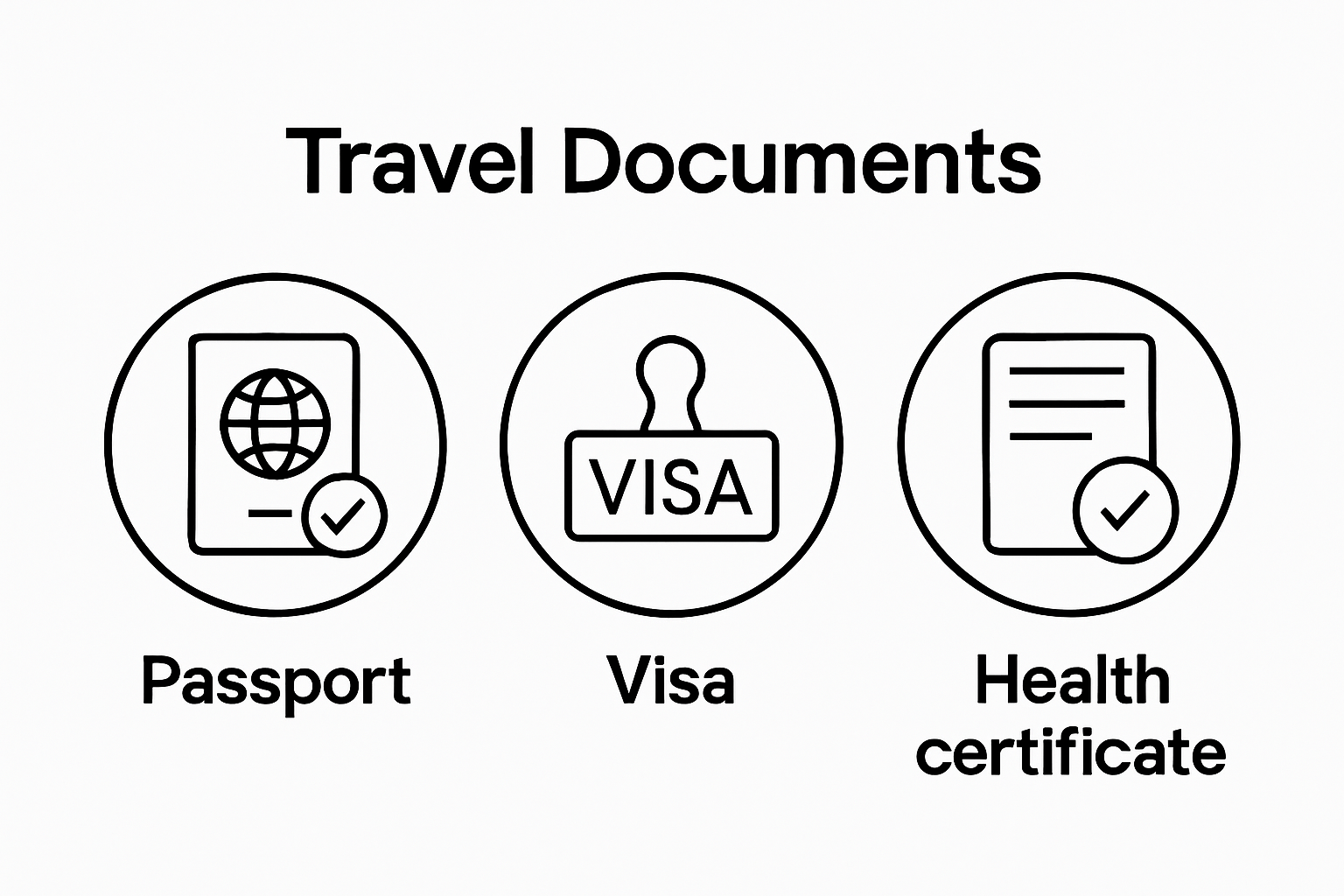 Infographic showing passport, visa, and health certificate icons.