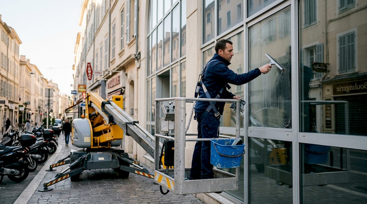 Un professionnel équipé d’une nacelle en train de laver les vitres d’un immeuble dans le Var