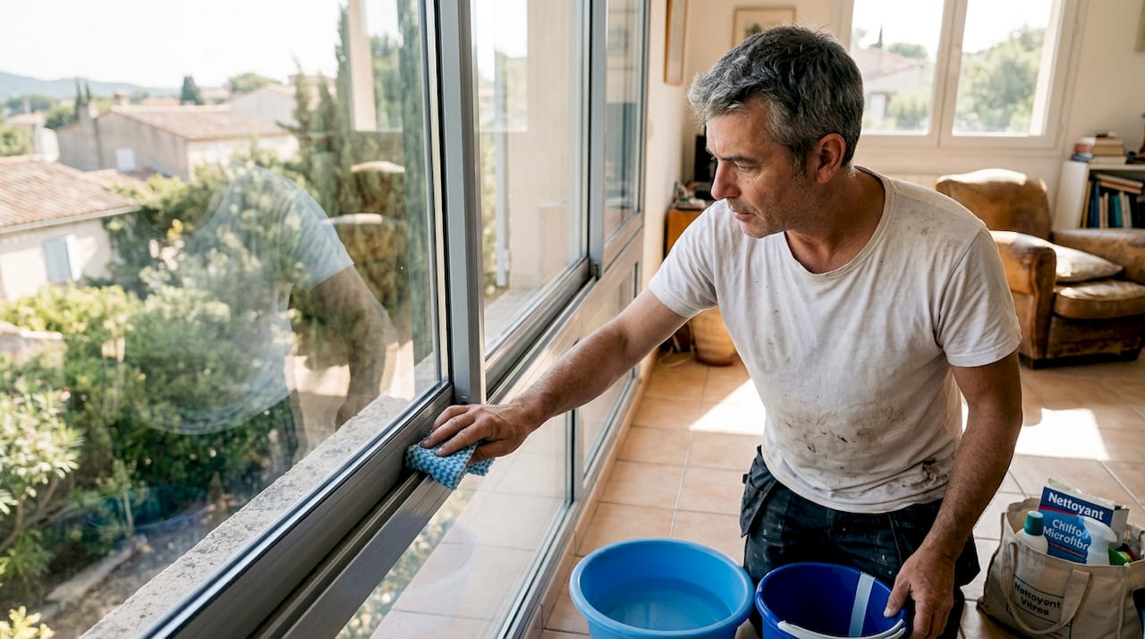 Un homme s’applique à nettoyer les vitres en aluminium d’une villa située dans le Var.