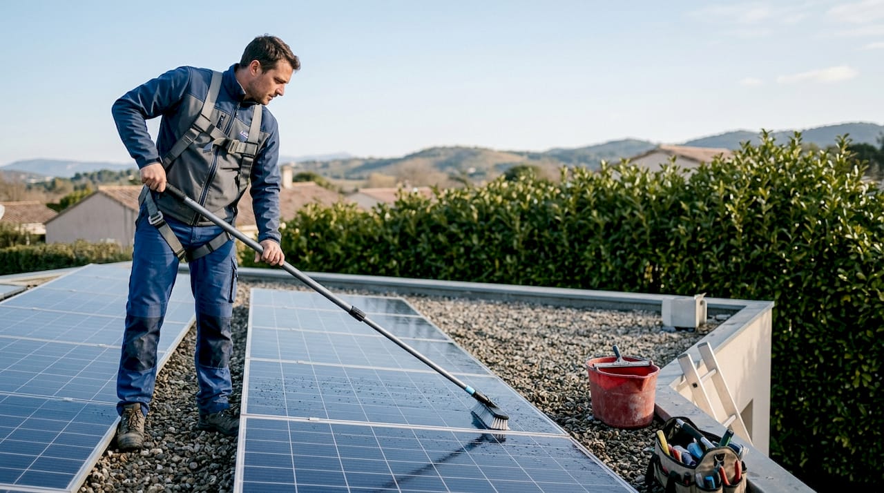 Un professionnel spécialisé dans le nettoyage de panneaux solaires intervenant sur les toits des maisons.