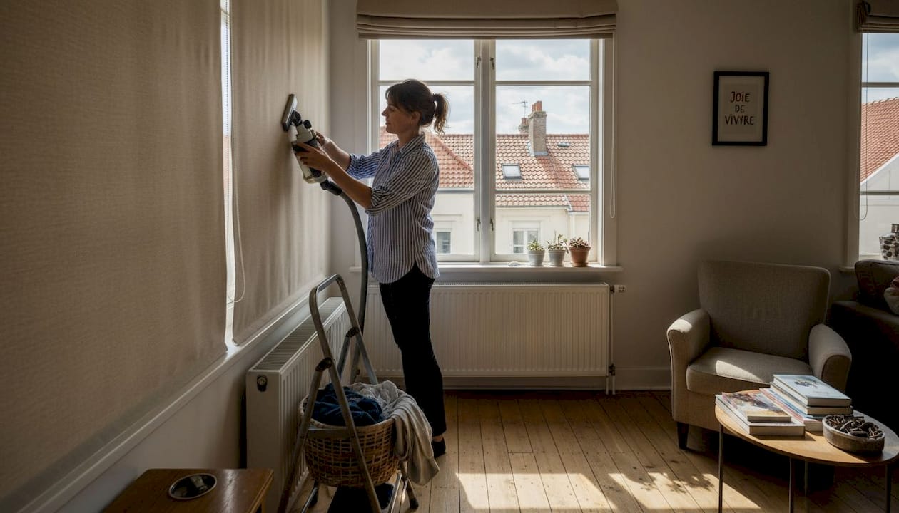 Une femme s’affaire à nettoyer un store enrouleur dans son salon, prenant soin de chaque recoin pour retrouver une ambiance propre et lumineuse.