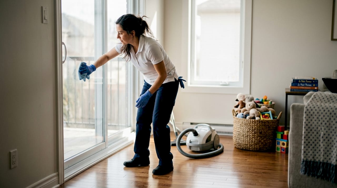 Un agent d’entretien s’affaire à nettoyer une porte vitrée dans un appartement.
