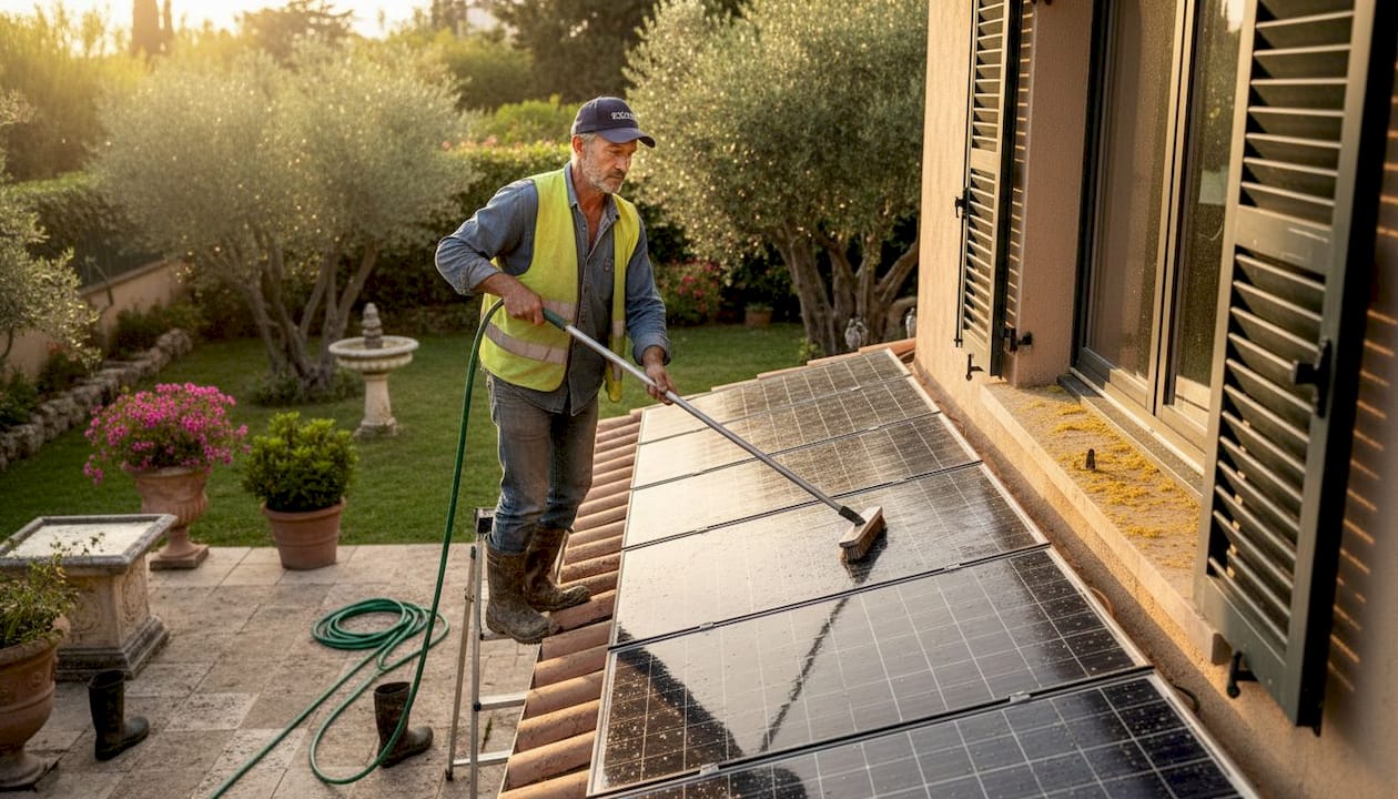 Un technicien spécialisé s’occupe de l’entretien des panneaux solaires et du nettoyage des vitres.